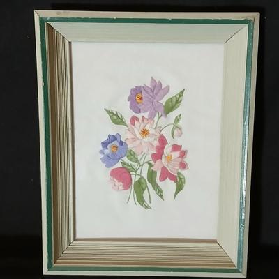 3-D-Stained glass butterfly with stand - two embroidered framed flower wall art, and a blown glass vase
