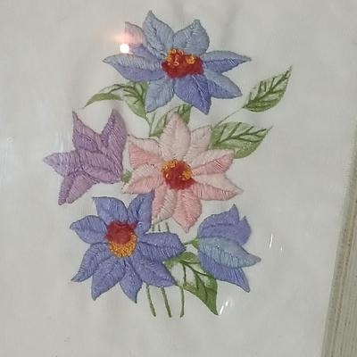 3-D-Stained glass butterfly with stand - two embroidered framed flower wall art, and a blown glass vase