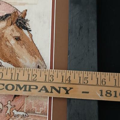 Two framed wall art - Windmill by Jessi Scott - and a cross stitch of Tribal Ponies