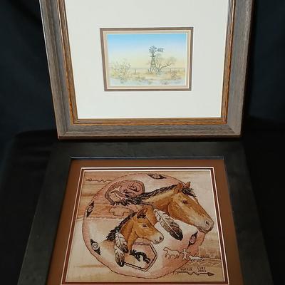 Two framed wall art - Windmill by Jessi Scott - and a cross stitch of Tribal Ponies