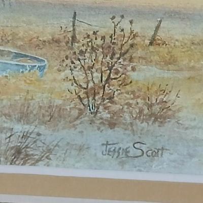 Two framed wall art - Windmill by Jessi Scott - and a cross stitch of Tribal Ponies