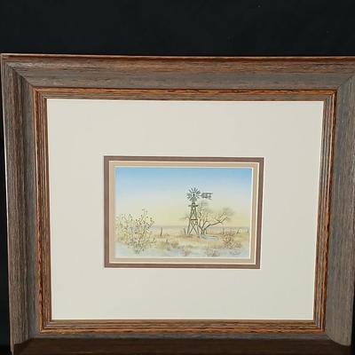 Two framed wall art - Windmill by Jessi Scott - and a cross stitch of Tribal Ponies
