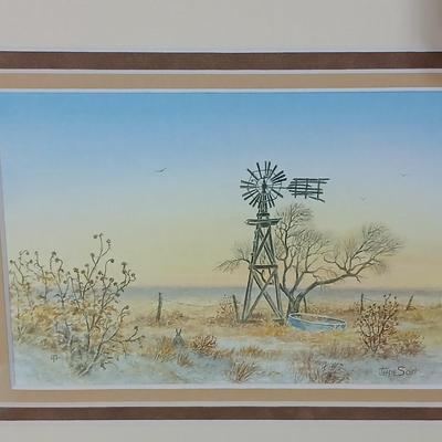 Two framed wall art - Windmill by Jessi Scott - and a cross stitch of Tribal Ponies