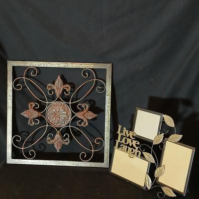 Square metal wall art and a Live Laugh Love photo frame