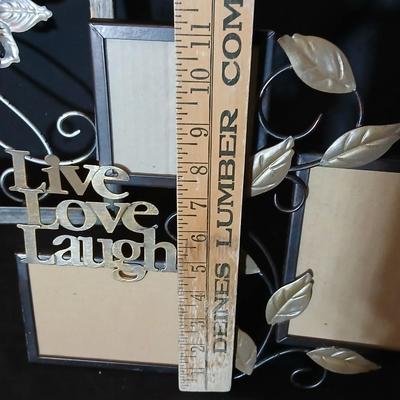 Square metal wall art and a Live Laugh Love photo frame