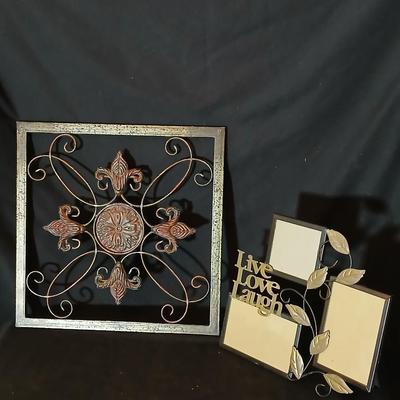Square metal wall art and a Live Laugh Love photo frame