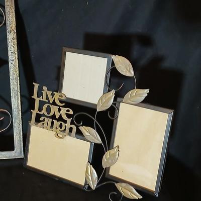 Square metal wall art and a Live Laugh Love photo frame