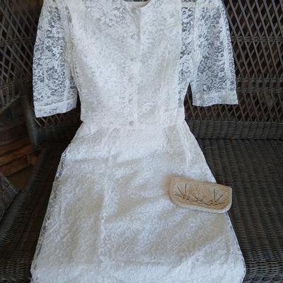 Vintage lacey dress - wedding dress with vintage La Regale beaded purse