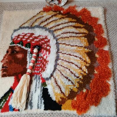 Indian chief hook rug wall hanging with Little Navajo Shepherd Danbury mint plate and a dream catcher