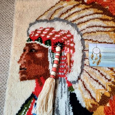 Indian chief hook rug wall hanging with Little Navajo Shepherd Danbury mint plate and a dream catcher