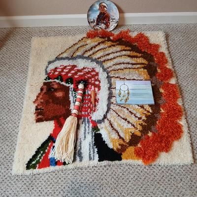 Indian chief hook rug wall hanging with Little Navajo Shepherd Danbury mint plate and a dream catcher
