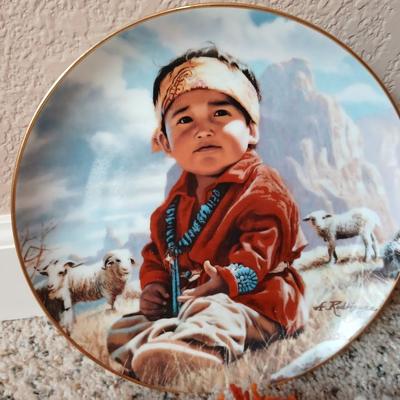 Indian chief hook rug wall hanging with Little Navajo Shepherd Danbury mint plate and a dream catcher