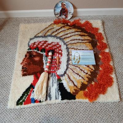 Indian chief hook rug wall hanging with Little Navajo Shepherd Danbury mint plate and a dream catcher
