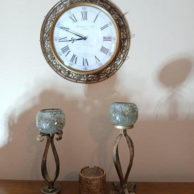 Metal framed Sterling & Noble Wall clock with candle sconces and wicker coasters