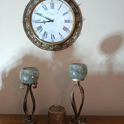 Metal framed Sterling & Noble Wall clock with candle sconces and wicker coasters
