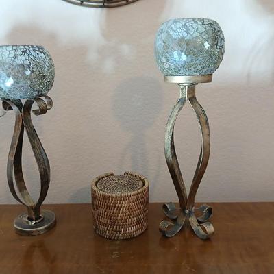 Metal framed Sterling & Noble Wall clock with candle sconces and wicker coasters