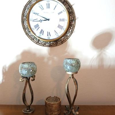 Metal framed Sterling & Noble Wall clock with candle sconces and wicker coasters