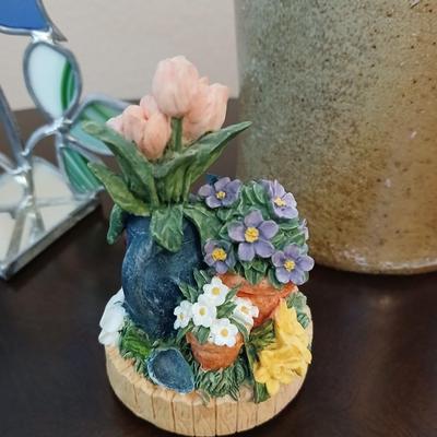 Crock like vase with Columbine-stained glass flower and a San Franscisco Music Box