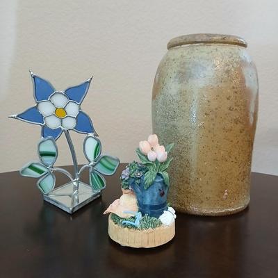 Crock like vase with Columbine-stained glass flower and a San Franscisco Music Box