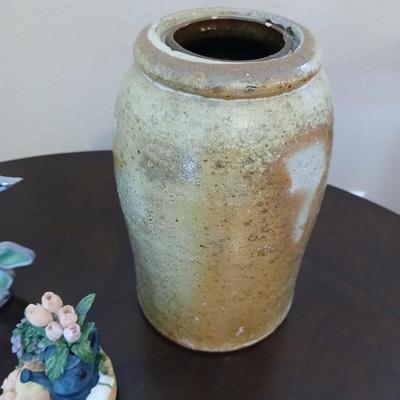 Crock like vase with Columbine-stained glass flower and a San Franscisco Music Box