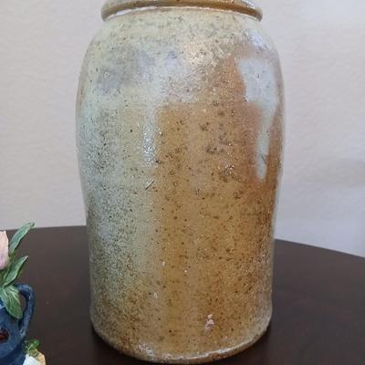 Crock like vase with Columbine-stained glass flower and a San Franscisco Music Box