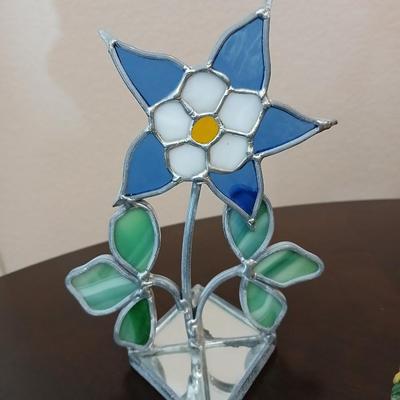 Crock like vase with Columbine-stained glass flower and a San Franscisco Music Box