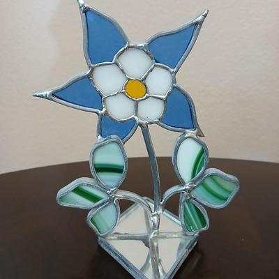 Crock like vase with Columbine-stained glass flower and a San Franscisco Music Box