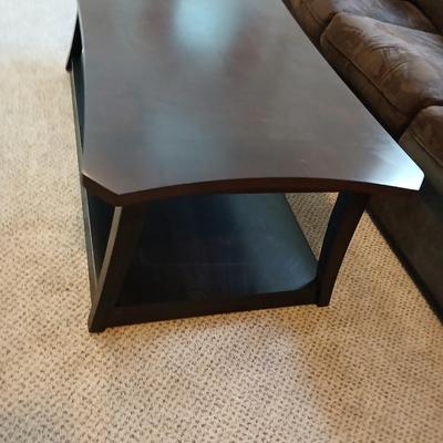 Two tone finish round coffee table on casters - easy to move!