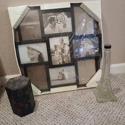 Large 9 picture photo frame with Eiffel tower glass decanter and a small decorative box