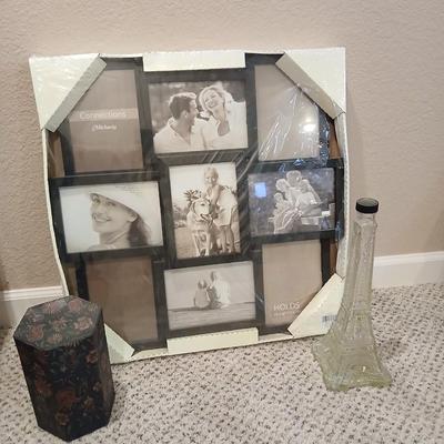 Large 9 picture photo frame with Eiffel tower glass decanter and a small decorative box