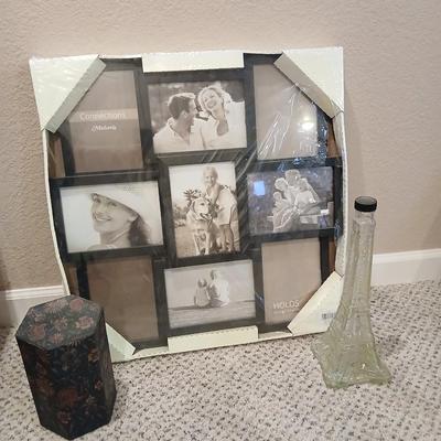 Large 9 picture photo frame with Eiffel tower glass decanter and a small decorative box