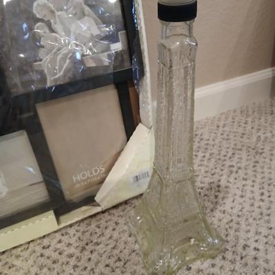 Large 9 picture photo frame with Eiffel tower glass decanter and a small decorative box