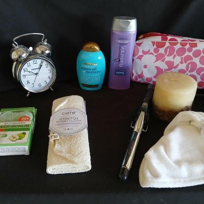 Bath and beauty items, curling iron, makeup bags, Shampoo & conditioner, alarm clock and more