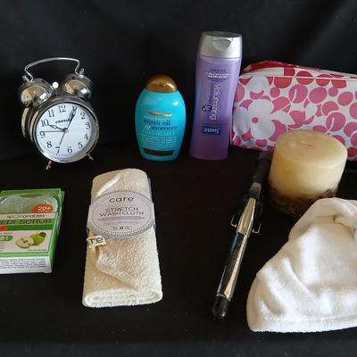 Bath and beauty items, curling iron, makeup bags, Shampoo & conditioner, alarm clock and more