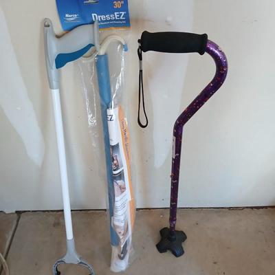 Adjustable Nova metal cane, Reacher -grabbing tool, and Dress-Ez assist with dressing tool
