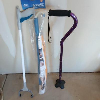 Adjustable Nova metal cane, Reacher -grabbing tool, and Dress-Ez assist with dressing tool