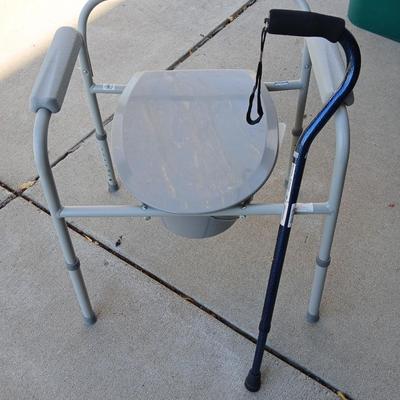 Mobility commode with an adjustable walking cane