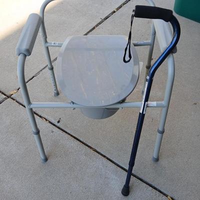 Mobility commode with an adjustable walking cane