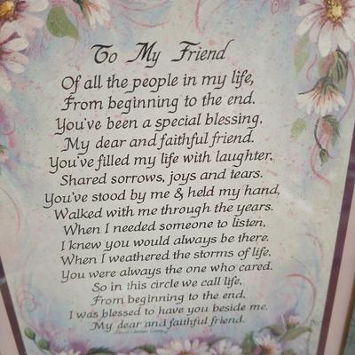 Antique China plates with a vase and a framed friends poem