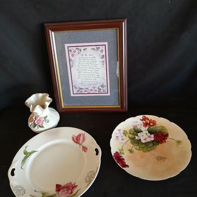 Antique China plates with a vase and a framed friends poem