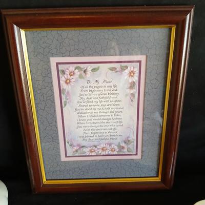 Antique China plates with a vase and a framed friends poem