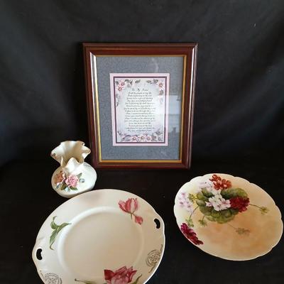 Antique China plates with a vase and a framed friends poem