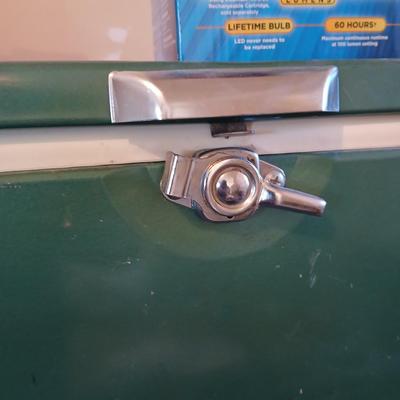 Vintage metal Coleman cooler with a Coleman classic LED lantern new in the box!