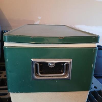Vintage metal Coleman cooler with a Coleman classic LED lantern new in the box!