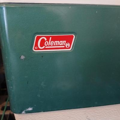 Vintage metal Coleman cooler with a Coleman classic LED lantern new in the box!