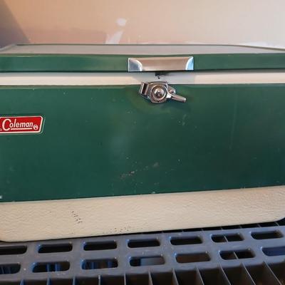 Vintage metal Coleman cooler with a Coleman classic LED lantern new in the box!