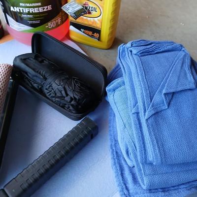 Automotive care / detailing rags, squeegee, Oreck 12-volt vacuum, wiper fluid, and more