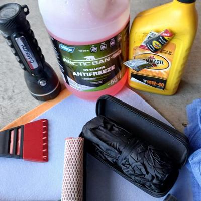 Automotive care / detailing rags, squeegee, Oreck 12-volt vacuum, wiper fluid, and more