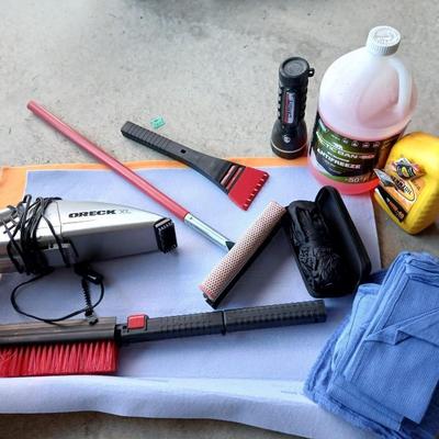 Automotive care / detailing rags, squeegee, Oreck 12-volt vacuum, wiper fluid, and more