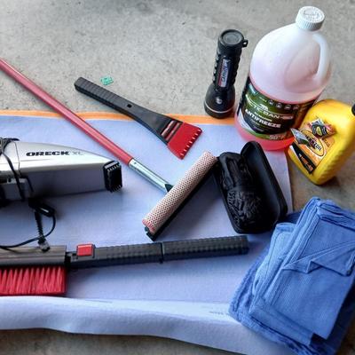 Automotive care / detailing rags, squeegee, Oreck 12-volt vacuum, wiper fluid, and more